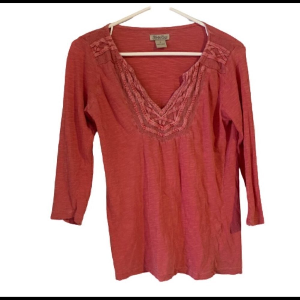 😎 Lucky Brand Pink Crochet Detail Vneck Top